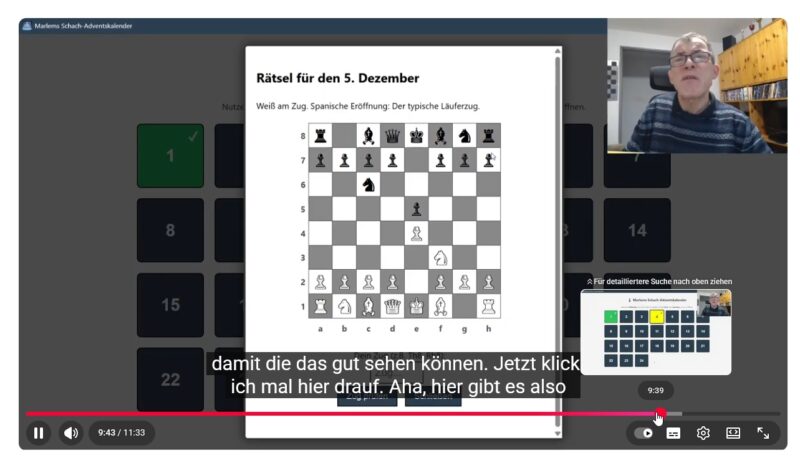 Screenshot von Youtube und Markus Lemckes Video zum neuen Schach Adventskalender, einer App
