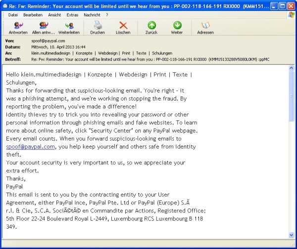 antwort von spoof@paypal.com