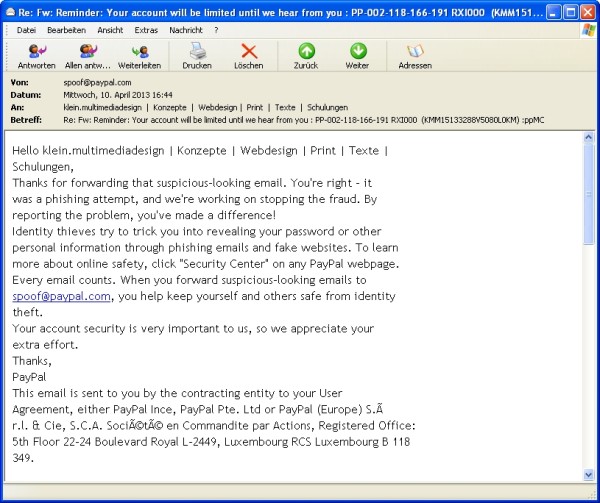 antwort von spoof@paypal.com