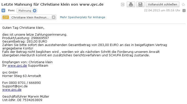 Letzte Mahnung für Christiane klein von www.qvc.de