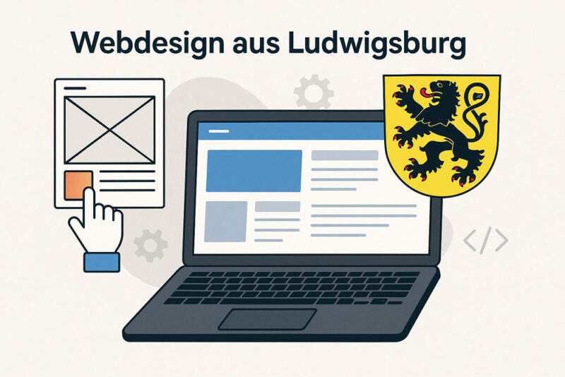 Bildkomposition KI mit Wappen von Ludwigsburg, einem Laptop, Mailsymbol und im Hintergrund HTML-Tags